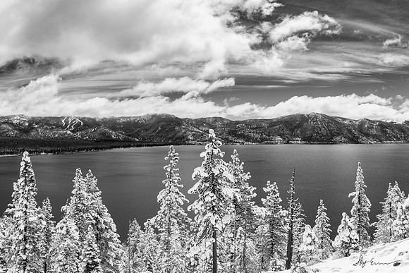 A high contrast Black and White Photo of Lake Tahoe